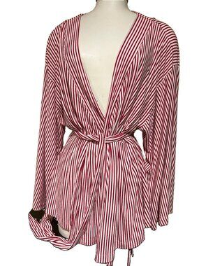 Lake Pajamas Kimono Wrap Top Size XL Red & White Striped DreamModal Sleepwear PJ